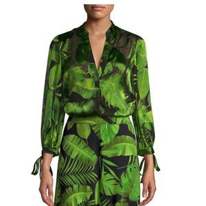 Alice + Olivia Sheila Leaf-Print Tie-Sleeve Button-Down Shirt